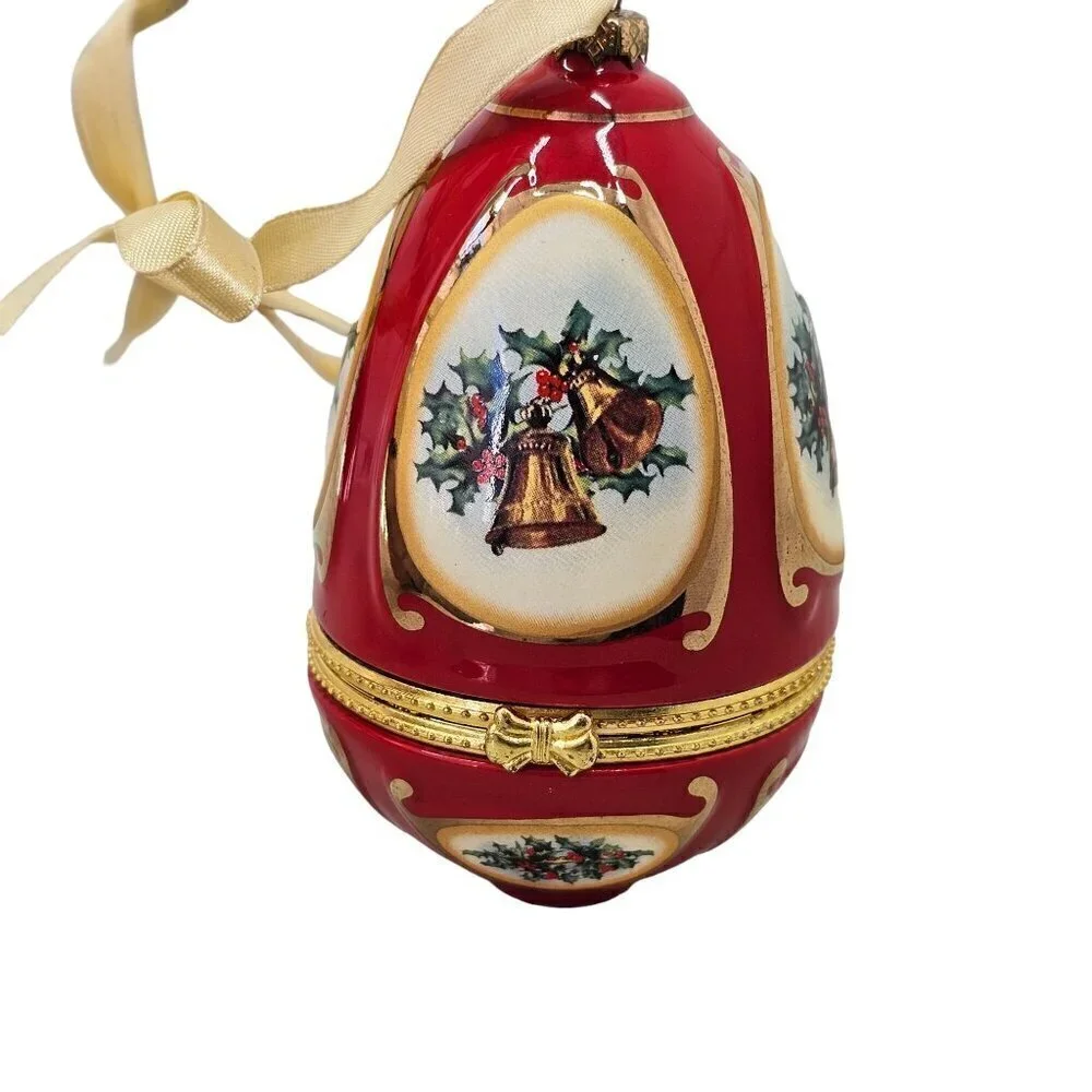 Mr Christmas Red Christmas Gift Box Ceramic Egg Shaped Ornament Gold Latch VTG